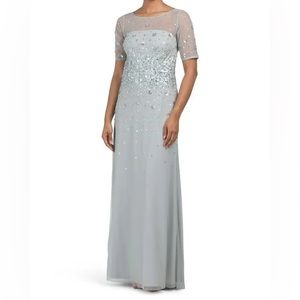 Adrianna Papell Silver Beaded Mesh Maxi Gown Fits Like A 12
